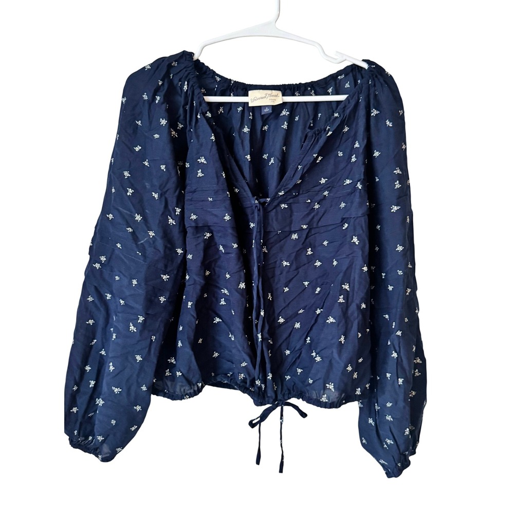 Universal Thread Navy Blue Floral Tie Front Drawstring Hem Peasant Blouse Small